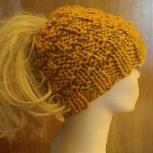 Knitted Mustard/Gold Messy Bun Ponytail Beanie